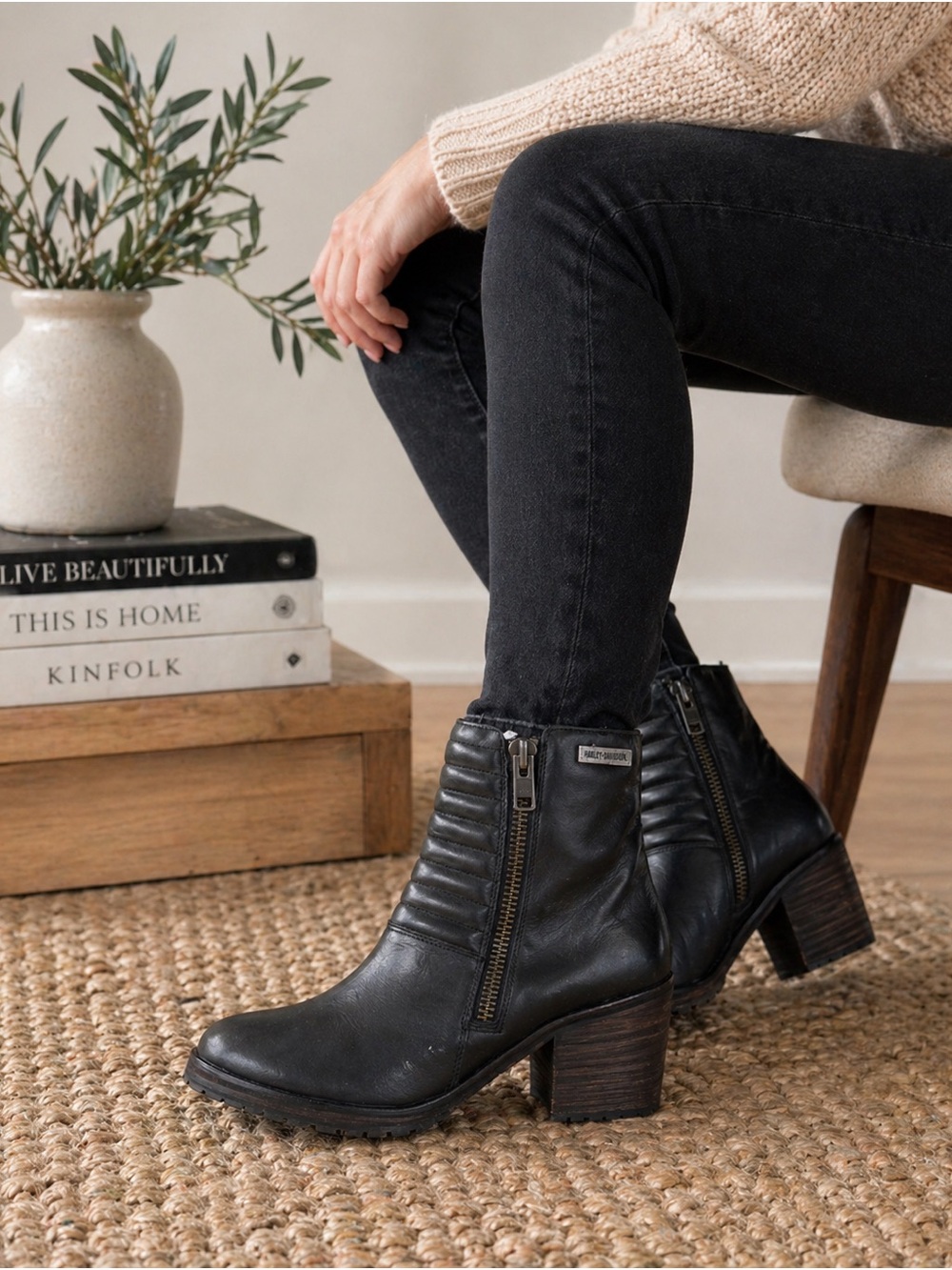 Harley-Davidson Black Leather Ankle Boots – Moto Style Block Heel, Size 11